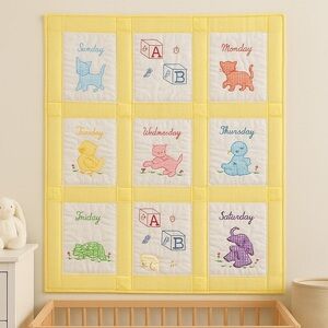 Handmade Baby Quilt – Days of the Week Animals – 36” x 46” – Yellow Gingham